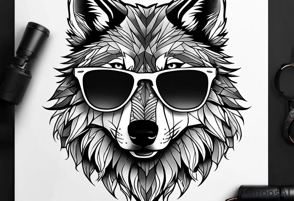 Badass wolf wearing sunglasses tattoo idea