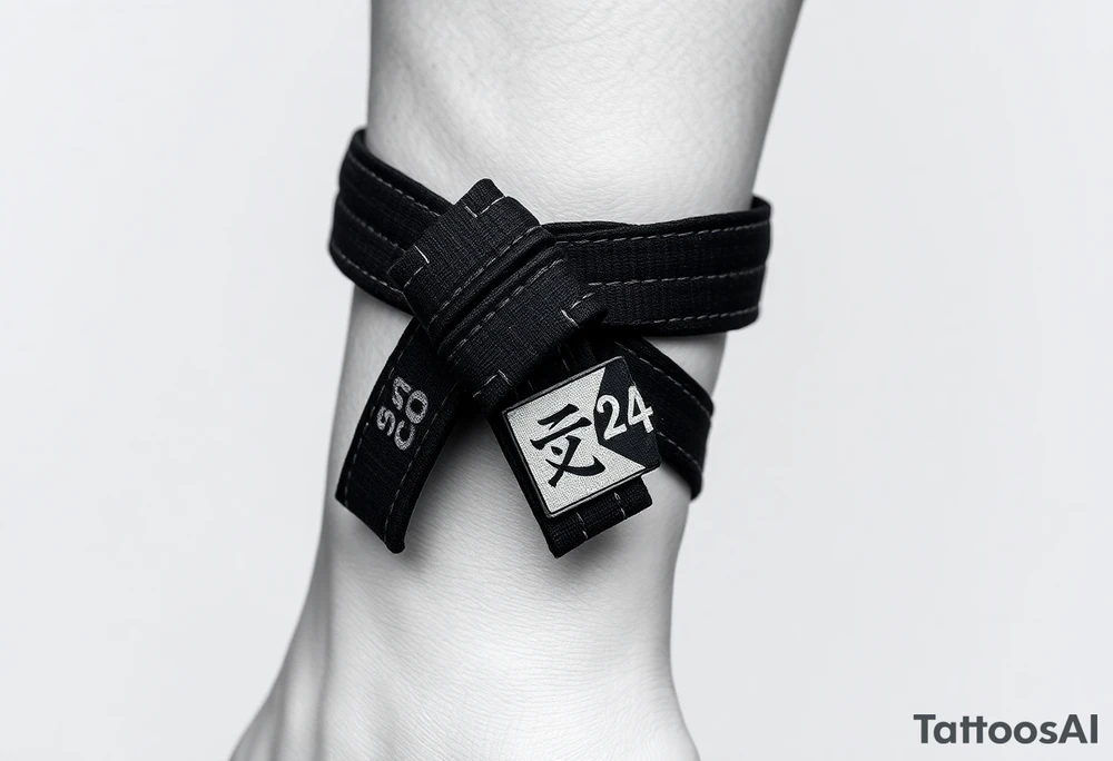 A realistic black and gray tattoo of a Brazilian Jiu-Jitsu black belt wrapping around the wrist like a bracelet. The belt is tied in a knot with one end showing the number 30 and the other showing 24. On the flat end of the belt, two Japanese kanji characters are inked in white: 成長 (growth) and 忍耐 (perseverance). The belt has subtle stitch marks and worn, textured shading for a slightly distressed, authentic look. The style is clean, symbolic, and bold, designed to wrap naturally around the wrist like a wristband.” tattoo idea