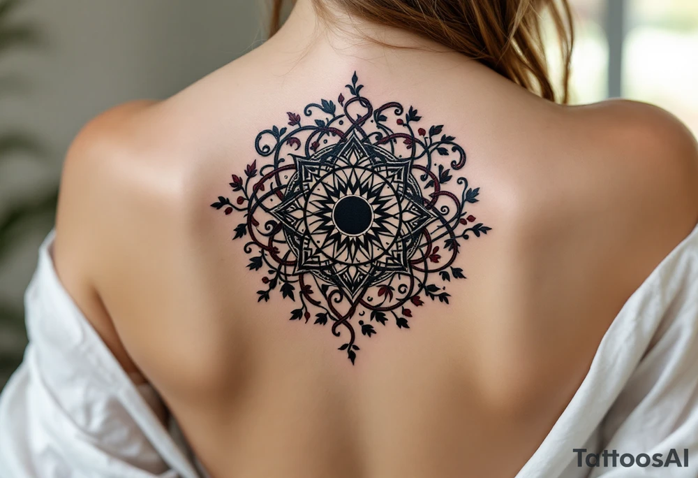 Wrapped in burgundy vines, the black Celtic sun at the center pulses with mystic charm. tattoo idea