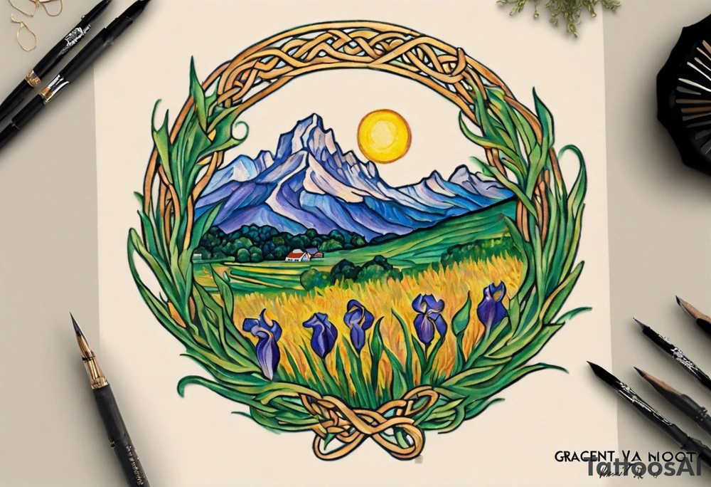 Create a small, delicate colorful Vincent van Gogh Irises tattoo in the form of a crescent, with vines or Celtic knots gracefully intertwining at a central point in the middle of the wreath.  In the middle of the wreath are mountains and other items found in New Mexico. Ensure that the design avoids the appearance of a bush and maintains a more structured and deliberate arrangement. The intended placement is on the upper chest. The overall design should be small in size while maintaining a delicate and artistic aesthetic. Pay attention to the graceful flow of the vines and the placement of the irises to achieve a refined and elegant look. tattoo idea