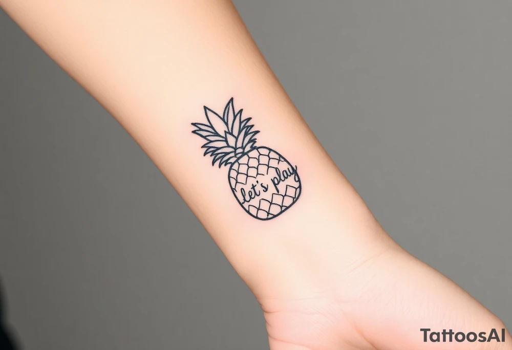 A black ink wrist tattoo featuring a realistic yet minimalistic pineapple. The pineapple is finely detailed with clean, precise lines, capturing the natural texture of the fruit while keeping the design subtle and uncluttered. Inside the body of the pineapple, the phrase "Let's play" is clearly placed in a bold but not overly thick font, ensuring readability while maintaining balance with the overall design. The leaves of the pineapple have a fine-line style with slight variations in thickness for a natural feel. The tattoo blends fine details with subtle bold elements, creating a clean and modern aesthetic. tattoo idea
