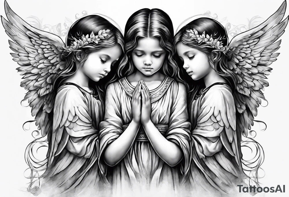 3 angels praying together. The two boy angels are on either side of the girl angel, with their wings gently enfolding tattoo idea