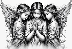 3 angels praying together. The two boy angels are on either side of the girl angel, with their wings gently enfolding tattoo idea