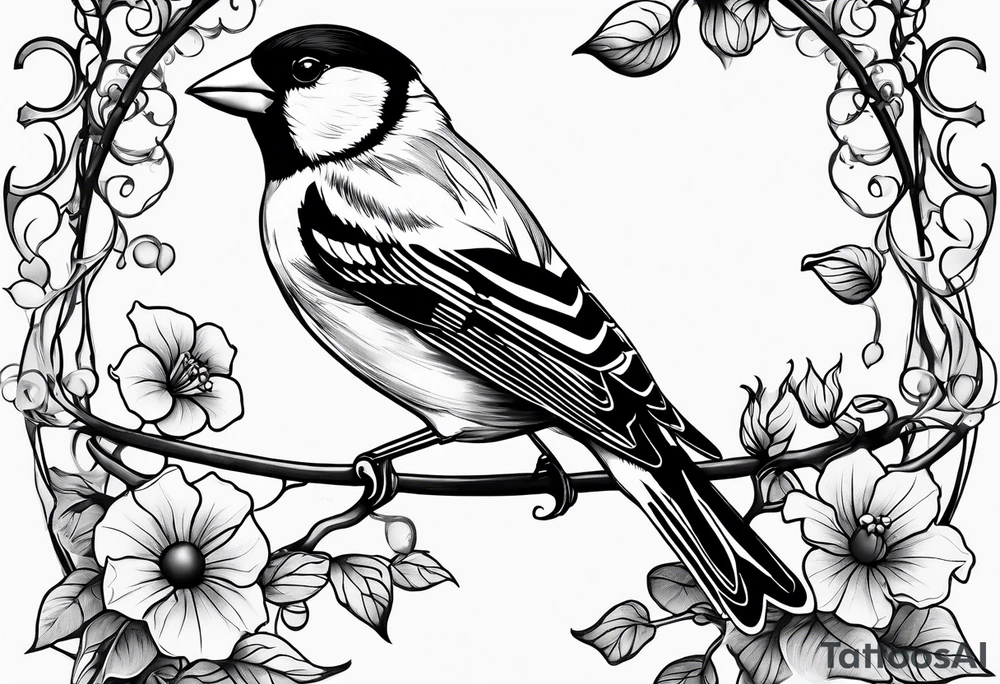 Generate a tattoo design of a goldfinch surrounded by delicate vines, emphasizing its bright colors and playful nature tattoo idea