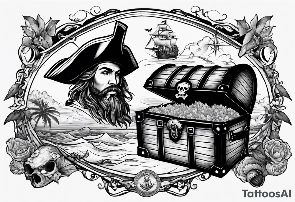 Chest tattoo that is about pirates ,captain ,treasure map no persons no ship tattoo idea