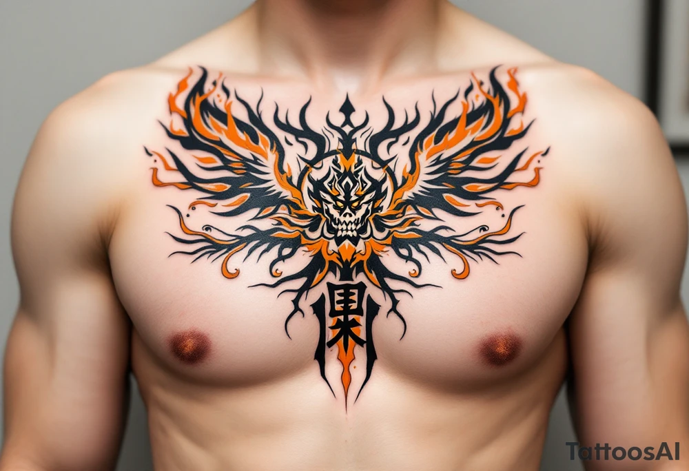 勇 (yǒng, “courage”) in fiery orange is often seen with flames or phoenix wings for bold transformation. tattoo idea