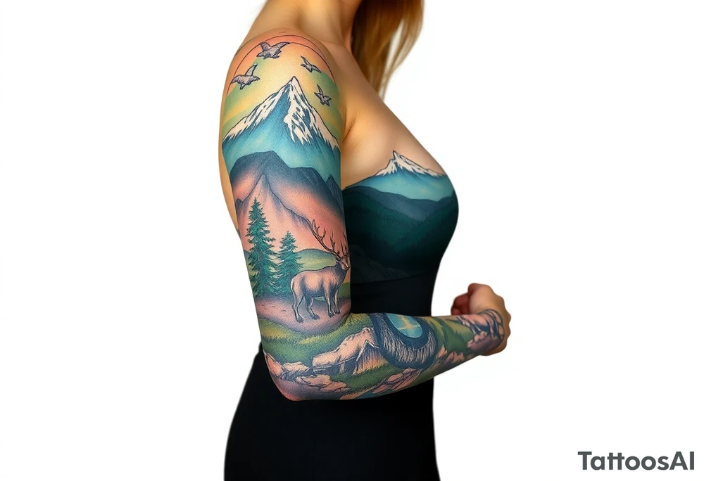 A full-sleeve with the Härjedalen landscape, reindeer, bear, lakes, mountains (Helags), tattoo idea