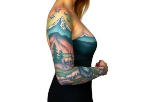 A full-sleeve with the Härjedalen landscape, reindeer, bear, lakes, mountains (Helags), tattoo idea