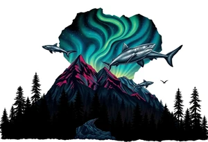 forest mountains under the northen lights with sharks. Contain everything in the shape of Africa tattoo idea