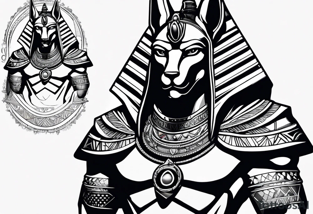 Strict Anubis portrait with pyramids on the background tattoo idea