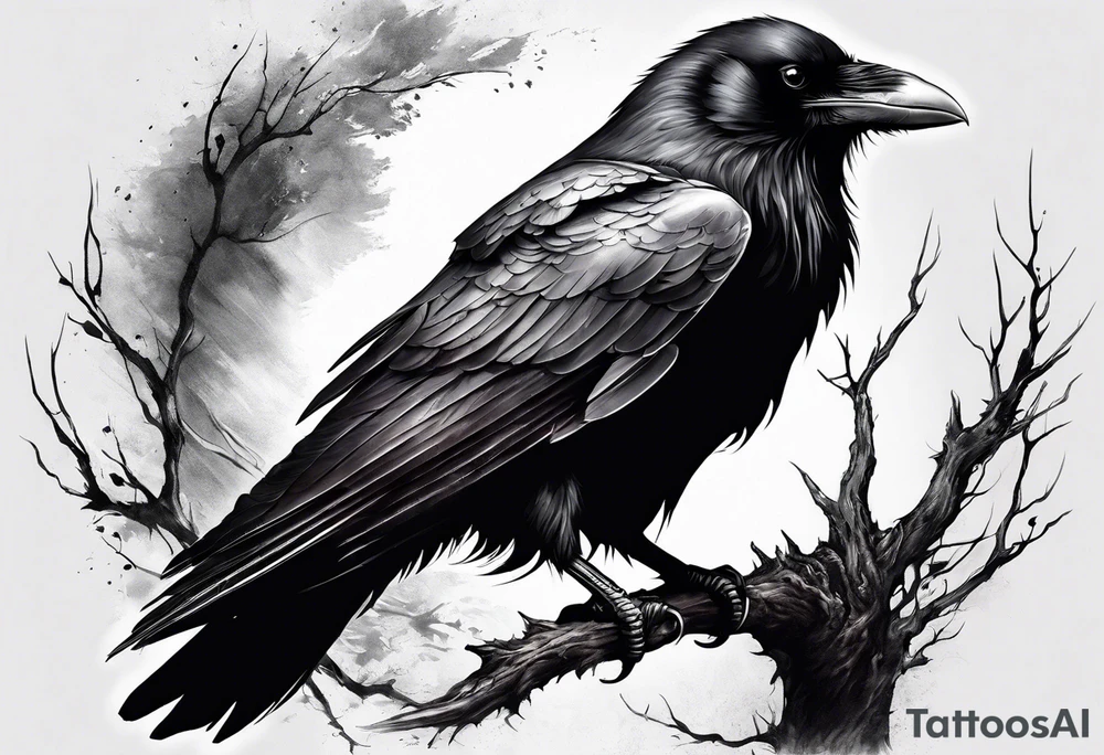 Generate a standing raven tattoo. With blank eyes, tongue out tattoo idea