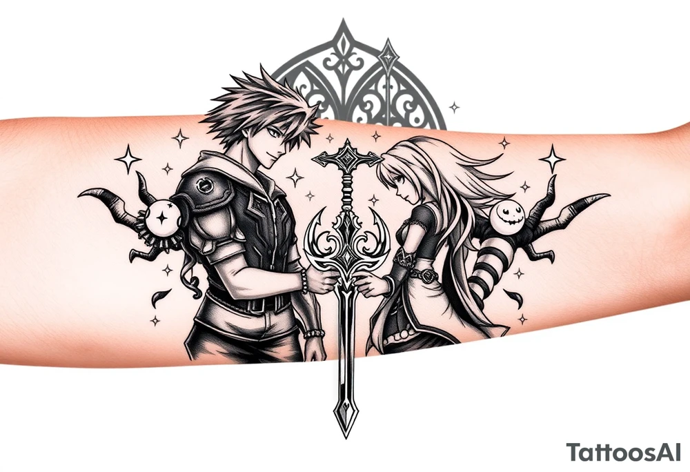 Kingdom Hearts tattoo design featuring from the game, together in a dynamic, united pose. The centerpiece should include the Heartless Keyblade, with a beautiful and ethereal Kingdom Hearts-inspired background—think glowing stars, floating islands, and stained-glass elements in backroung. The design should capture themes of friendship, light vs. darkness, and adventure. Style should be detailed, fantasy-oriented, and suitable for a large piece tattoo idea