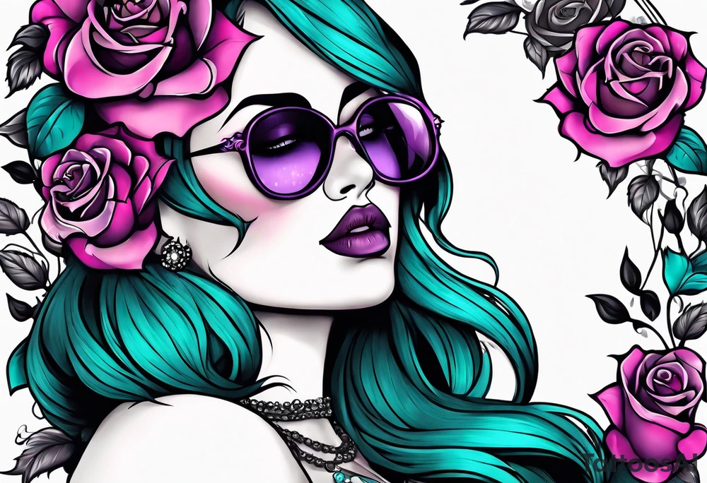 Chubby gothic girl, roses, skulls, teal, pink, purple tattoo idea