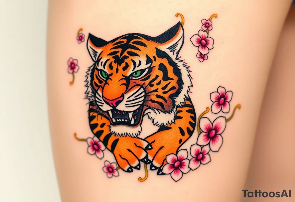 A fierce and majestic tiger, mid-roar, with piercing emerald-green eyes and bold orange-and-black striped fur. Surrounding the tiger are swirling golden flames, cherry blossom petals in soft pink and white float around. tattoo idea