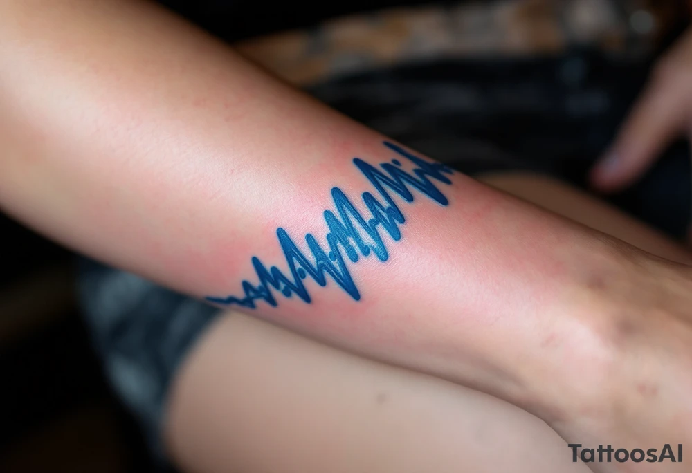 A vibrant blue EKG heartbeat tattoo spiraling around the forearm, representing the rhythm of life. tattoo idea