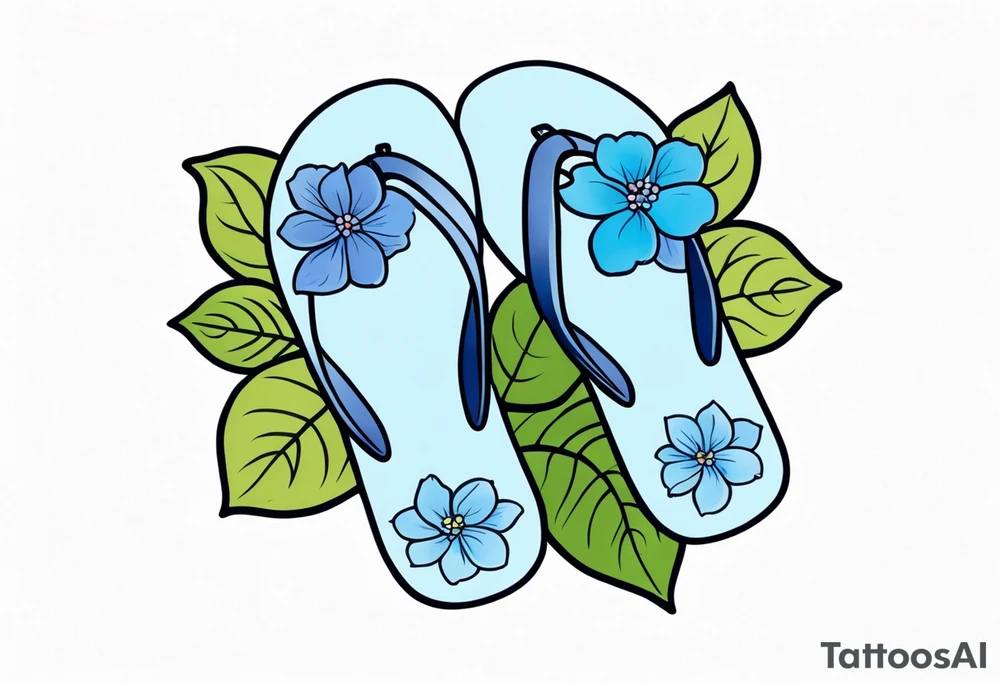 small tattoo of a single pastel blue flip flop surrounded by blue and periwinkle hydrangea flowers with green leaves tattoo idea