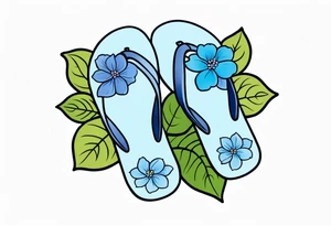 small tattoo of a single pastel blue flip flop surrounded by blue and periwinkle hydrangea flowers with green leaves tattoo idea