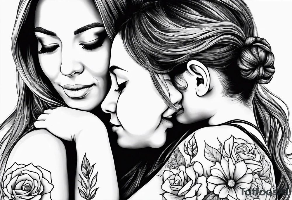 A simple outline of a mom holding her to kids tattoo idea