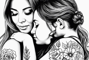 A simple outline of a mom holding her to kids tattoo idea