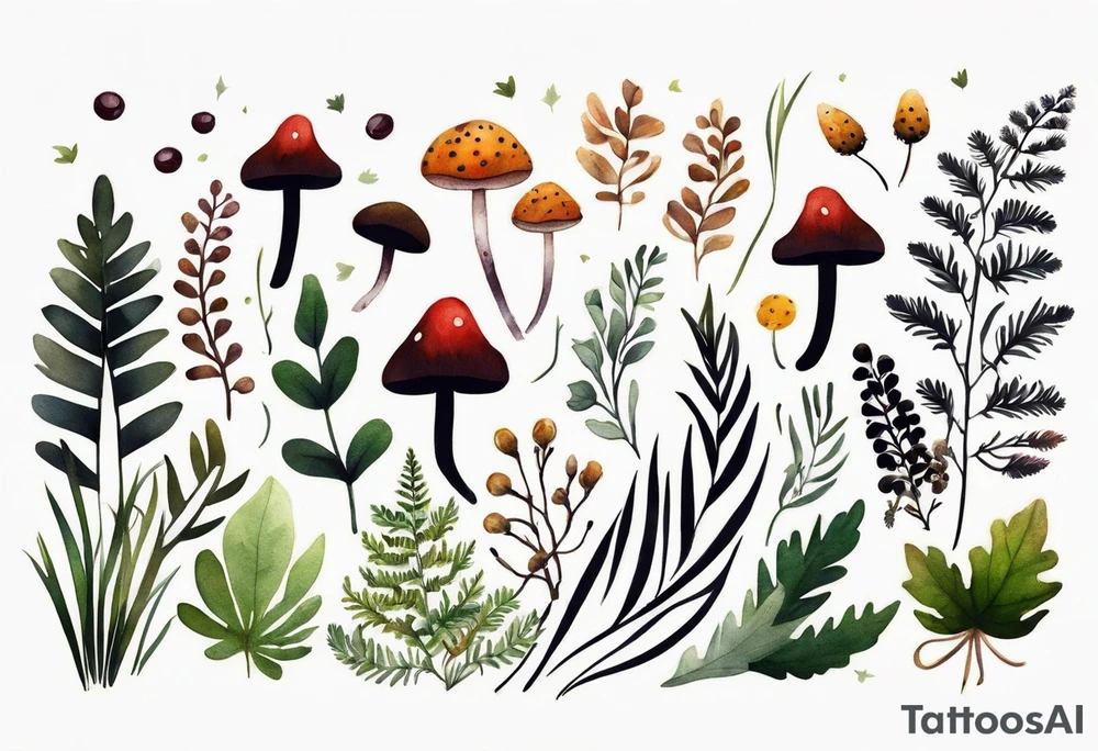 forest floor inspired minimalist tattoo, which includes grass, curly ferns, moss and dead leaves as the bulk of the tattoo. details to include: forest berries, a tiny bumblebee flying nearby, three small brown mushrooms
Generate a vertically long one tattoo idea