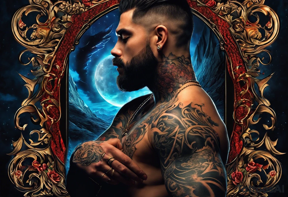 Creator for me a tatto design that consist in the following description, a man being held by the neck by his heart representing the emotions and fellings that make him stuck inside himself, on his side a beast represeting the rage and inner fury inside, glowing with all the mistakes that were made. On the other side a angelical creature, try to preserve the good side of him, and wanting him to follow a good path. tattoo idea