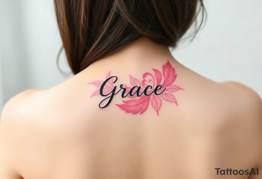A soft pink and ivory feather with delicate lace details, featuring the word "Grace", evoking elegance and beauty in love tattoo idea