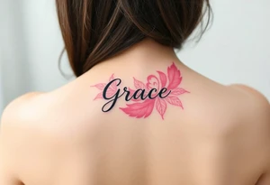 A soft pink and ivory feather with delicate lace details, featuring the word "Grace", evoking elegance and beauty in love tattoo idea