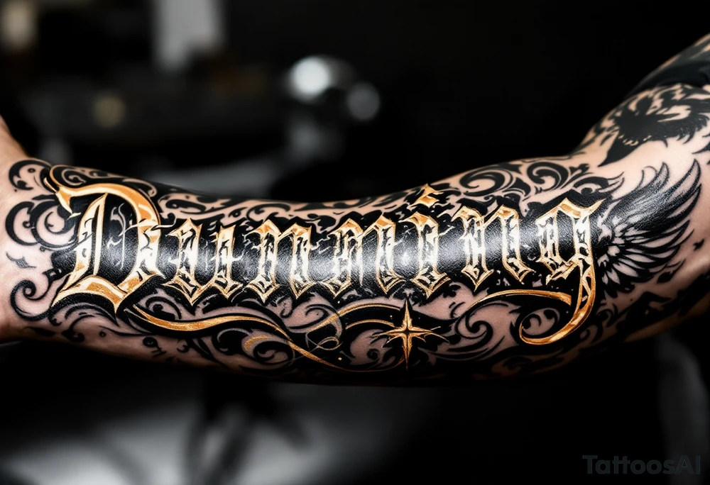 Dunning, details include bold strong font, gold highlights, theme of wealth and angels tattoo idea