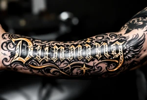 Dunning, details include bold strong font, gold highlights, theme of wealth and angels tattoo idea