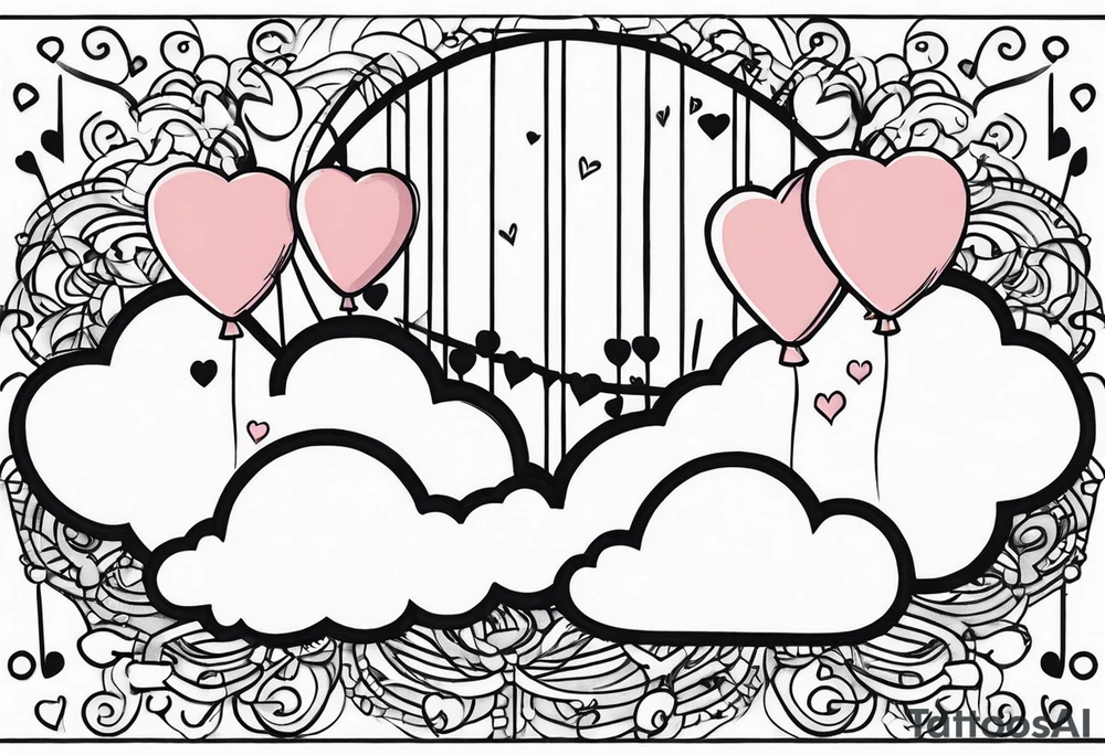 music notes and hearts with balloons up in the clouds tattoo idea