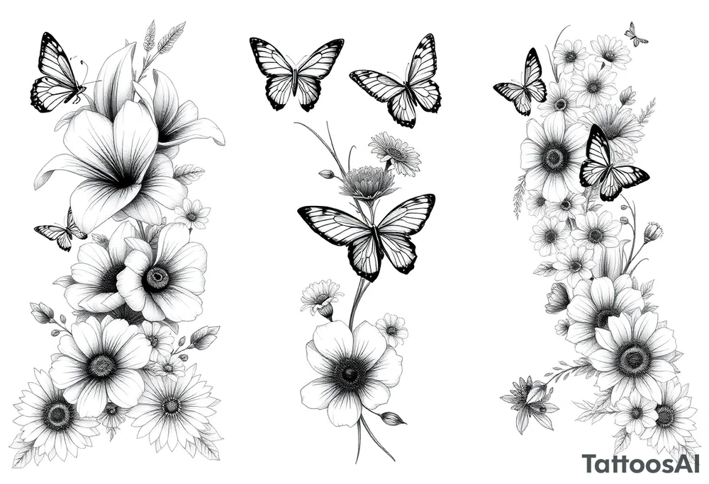 Calia Lily, rose, gadiolus, carnation,Narcissus,poppy, aster, violet ,chrysanthemum, lily of the valley and water lily sleeve on upper arm and shoulder  with butterfly and bumblebees and dragonflies on skin tattoo idea