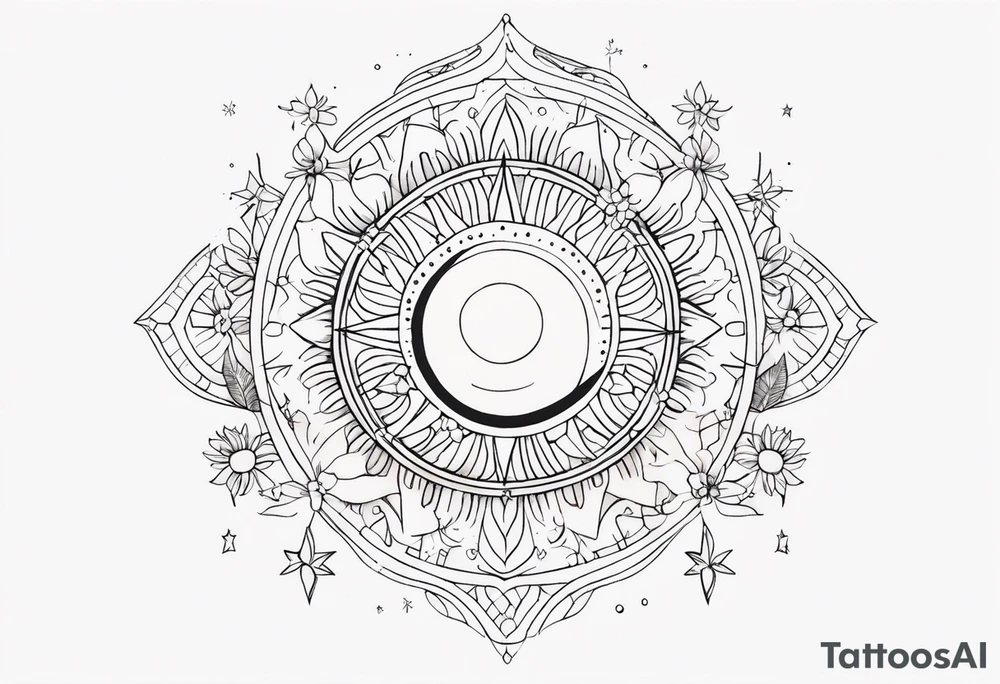 fine line with sun, stars, floral, dots. Sternum tattoo tattoo idea