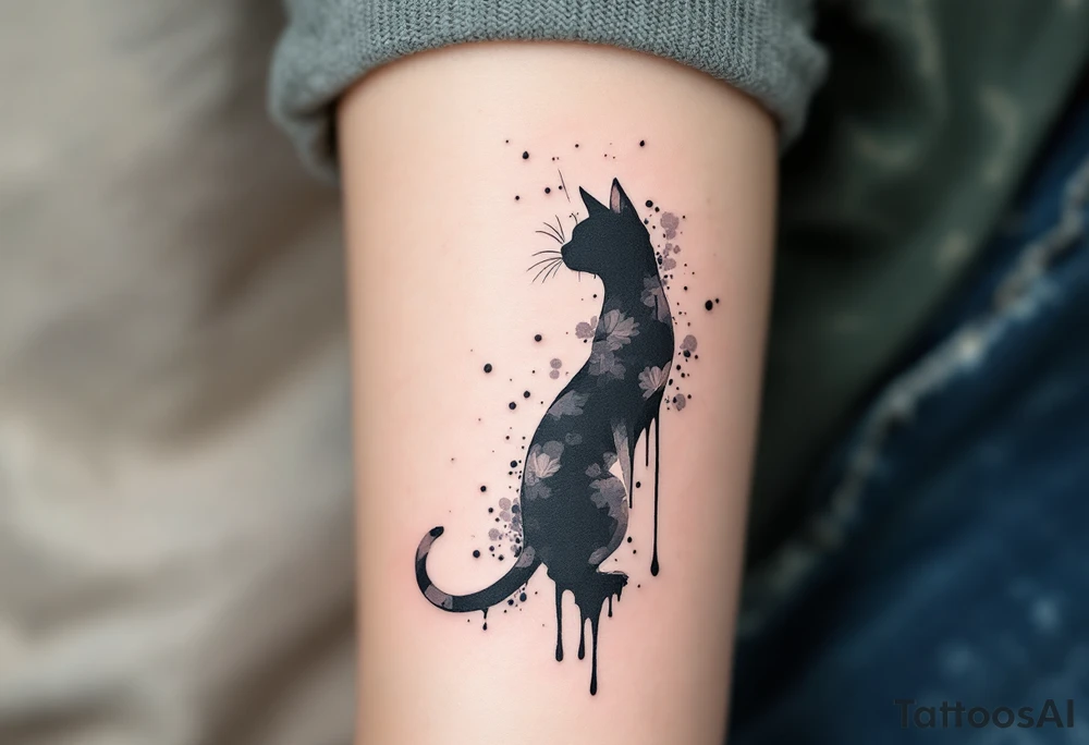 Ink Drip Cat Silhouette – A standing black silhouette with paint or ink dripping down from its paws, in jet black and fading gray. tattoo idea