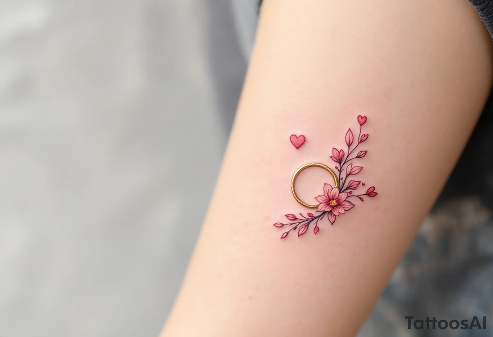A soft pink and gold rune symbolizing love. Outlined with delicate hearts and floral accents. tattoo idea
