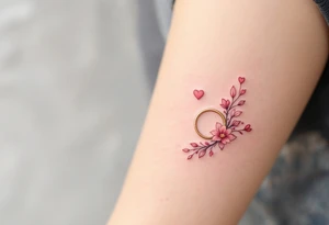 A soft pink and gold rune symbolizing love. Outlined with delicate hearts and floral accents. tattoo idea