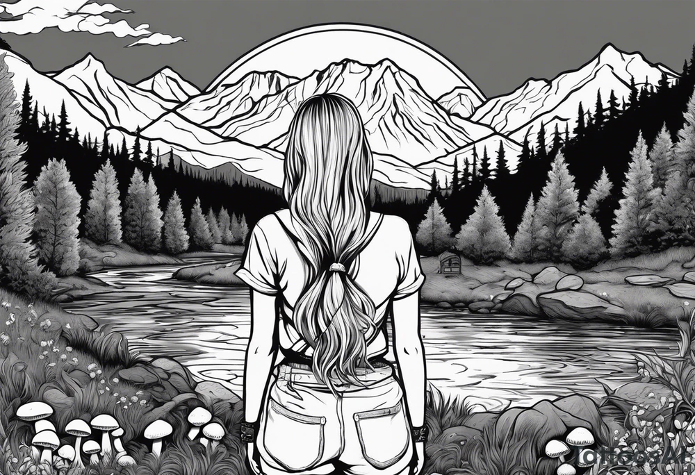 Whole picture encircled fully

Straight long blonde hair hippie girl in distance holding mushrooms in hand facing away toward mountains and creek surrounded by mushrooms tee shirt and hiking pants; whole rendering within a full circle, no cut off circle tattoo idea