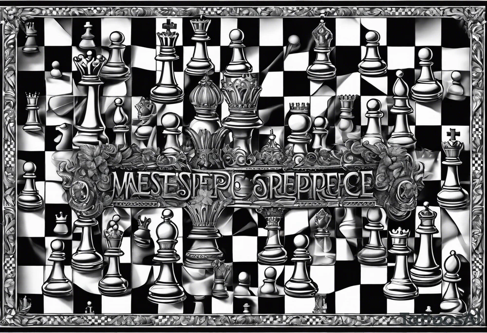 narrow rectangle strip made of chess queens and pawns holding hands tattoo idea