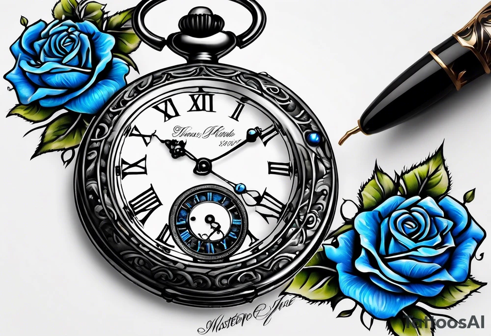 Pocket watch with blue roses tattoo idea
