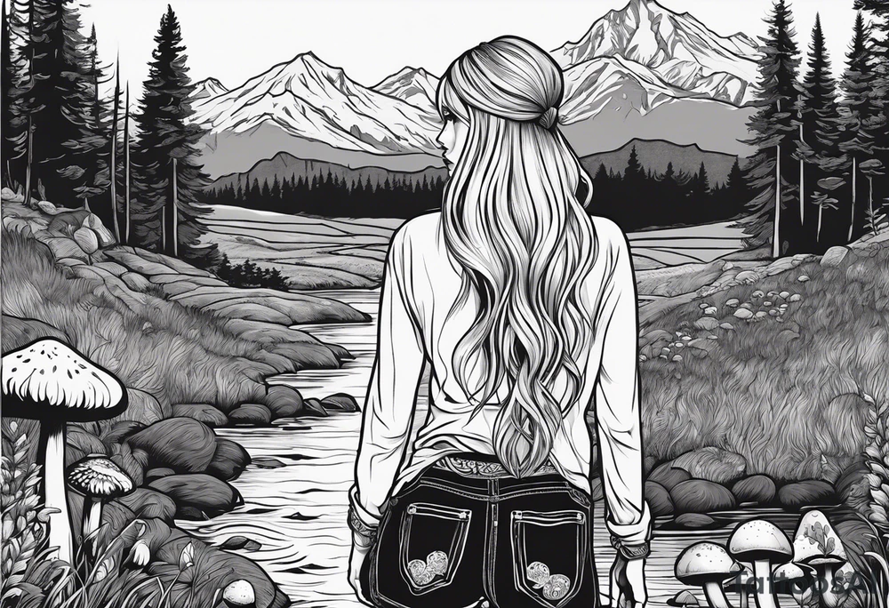 Whole picture encircled fully

Straight long blonde hair hippie girl in distance holding mushrooms in hand facing away toward mountains and creek surrounded by mushrooms long sleeve shirt and hiking pants; whole rendering within a full circle, no cut off circle tattoo idea