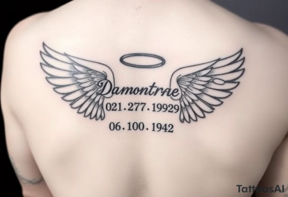 “Damontae 02/27/1992 and under that Willie Mae 06/10/1942” inside a pair of wings with a halo on top of the names and wings on my forearm tattoo idea