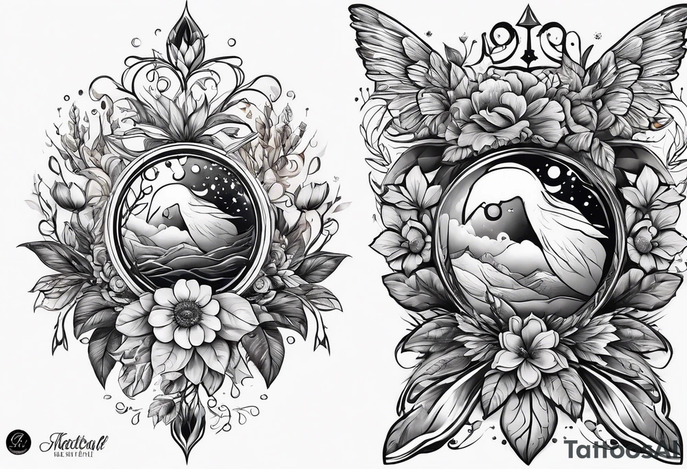 Full sleeve nature with birth months April and December tattoo idea