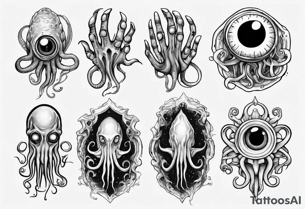 lovecraft them with eye on hand and tentacle on finger tattoo idea