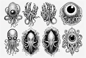 lovecraft them with eye on hand and tentacle on finger tattoo idea