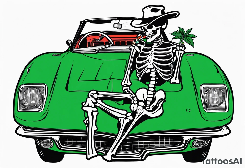 Skeleton smoking a cigarette driving a green 1976 convertible Corvette tattoo idea