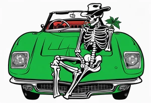 Skeleton smoking a cigarette driving a green 1976 convertible Corvette tattoo idea