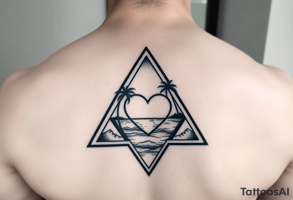 A triangle with a heart in the center and a ocean with palm trees in background tattoo idea