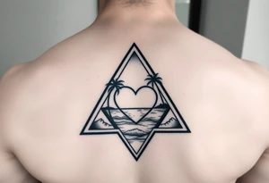 A triangle with a heart in the center and a ocean with palm trees in background tattoo idea