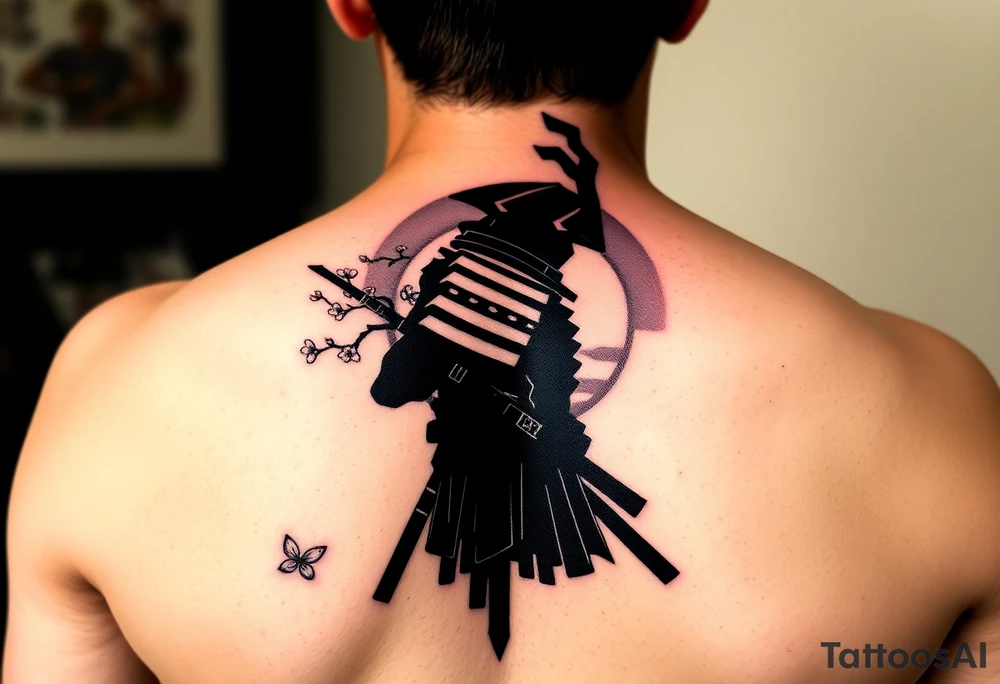 noble samurai warrior silhouette at sunset with cherry blossoms tattoo idea