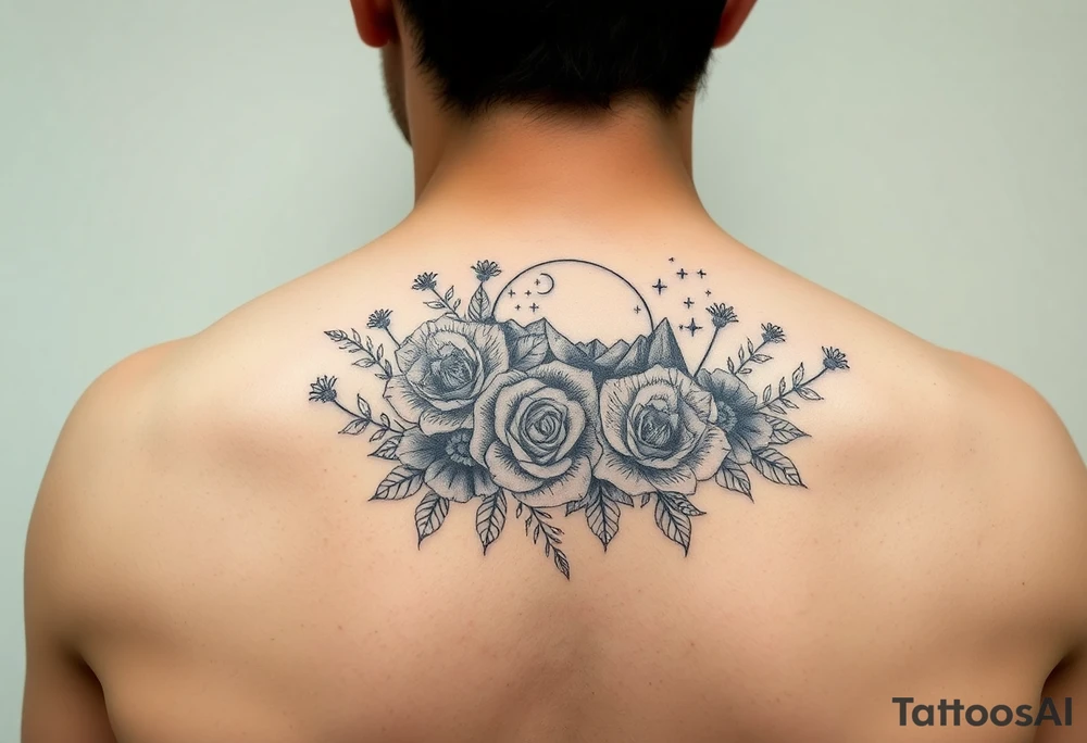 Unique artistic tattoo, with roses and wild flowers 
moon and stars mountains
Feminine tattoo idea