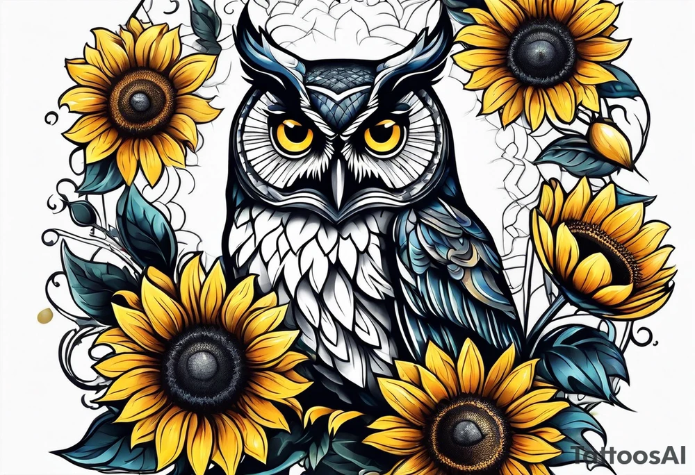 Owl with sunflower and butterfly tattoo idea